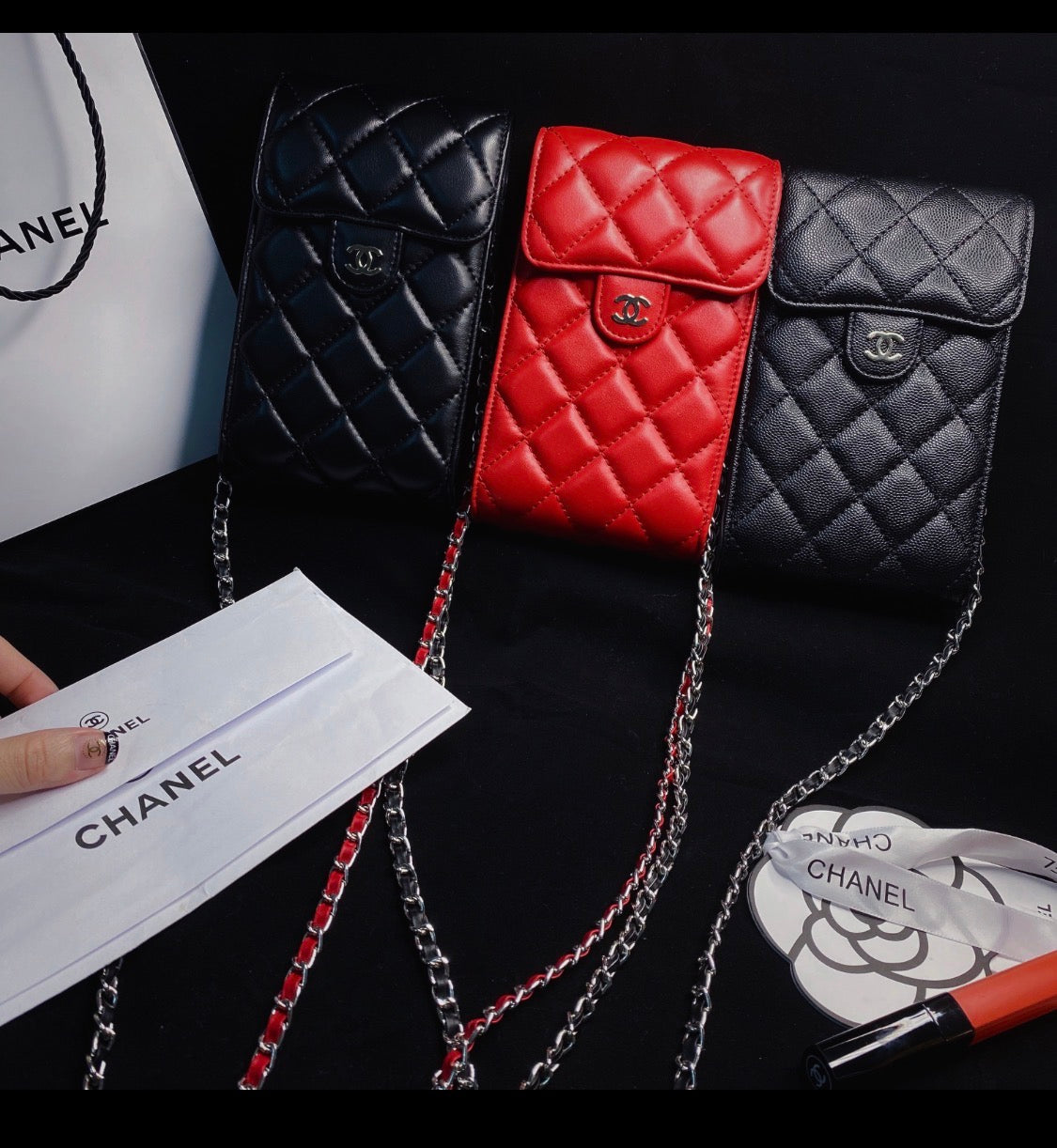 Cc Quilted Lambskin & Caviar Phone Holder with Chain