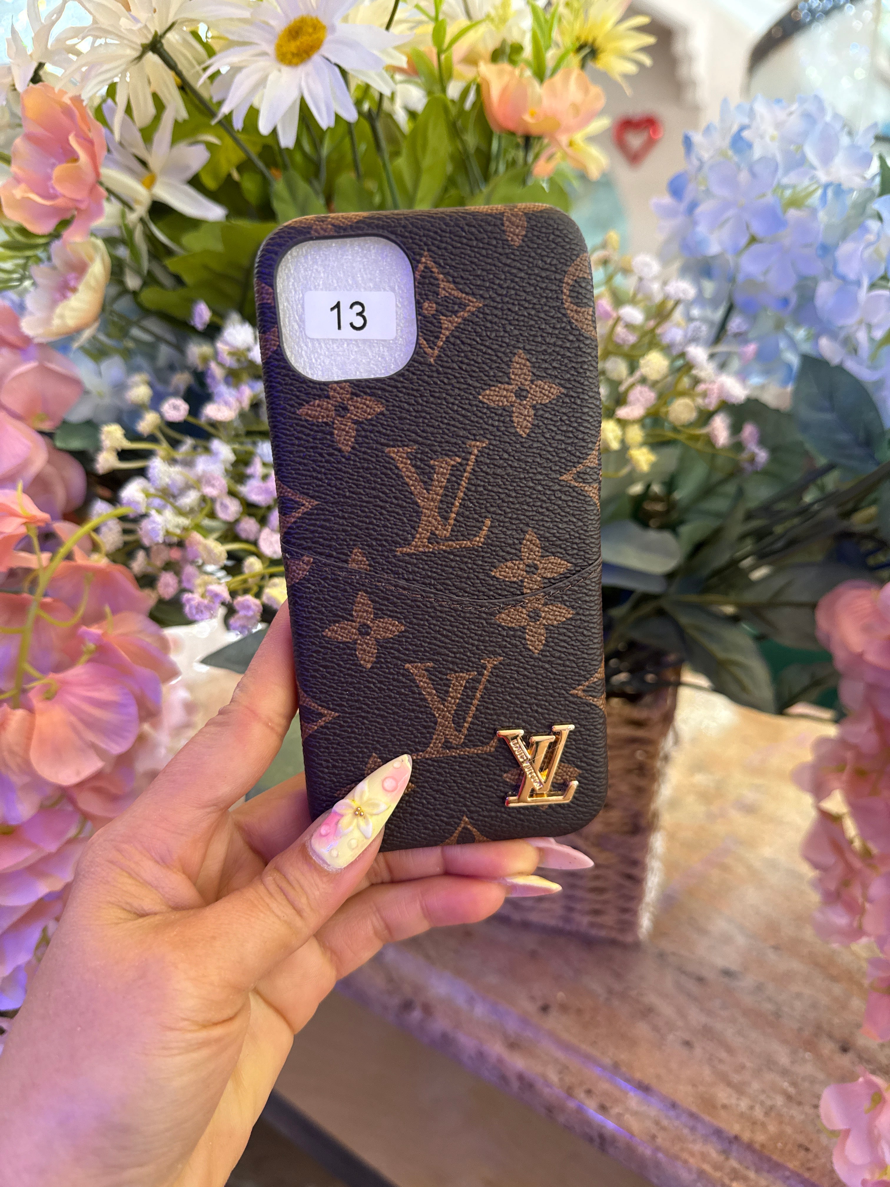 Lv Premium Monogram Leather Phone Case with Gold Emblem | Slim Fit Designer-Inspired Cover