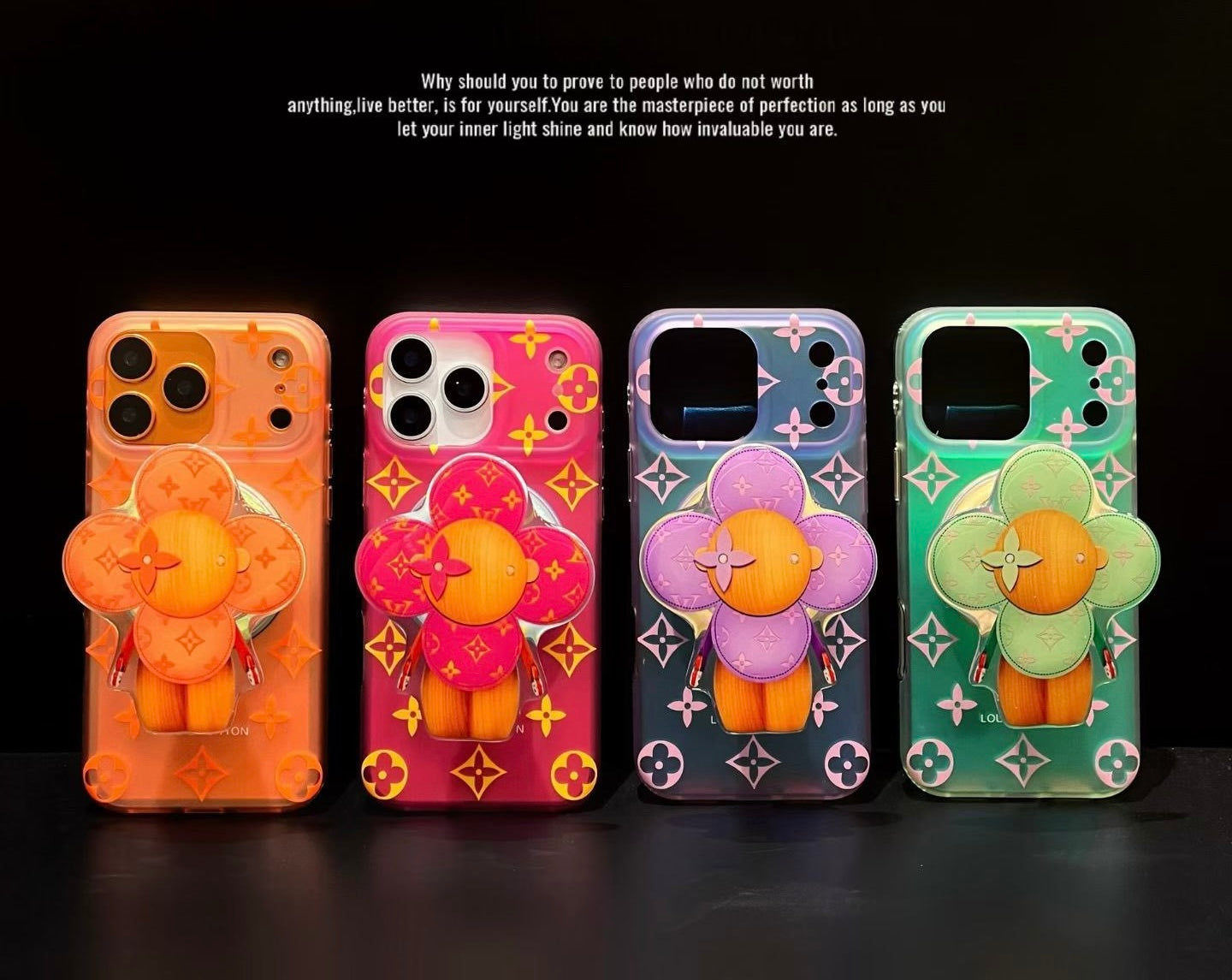 Glow & Glam: Luxury Inspired Neon Monogram iPhone Case with 3D Flower Grip