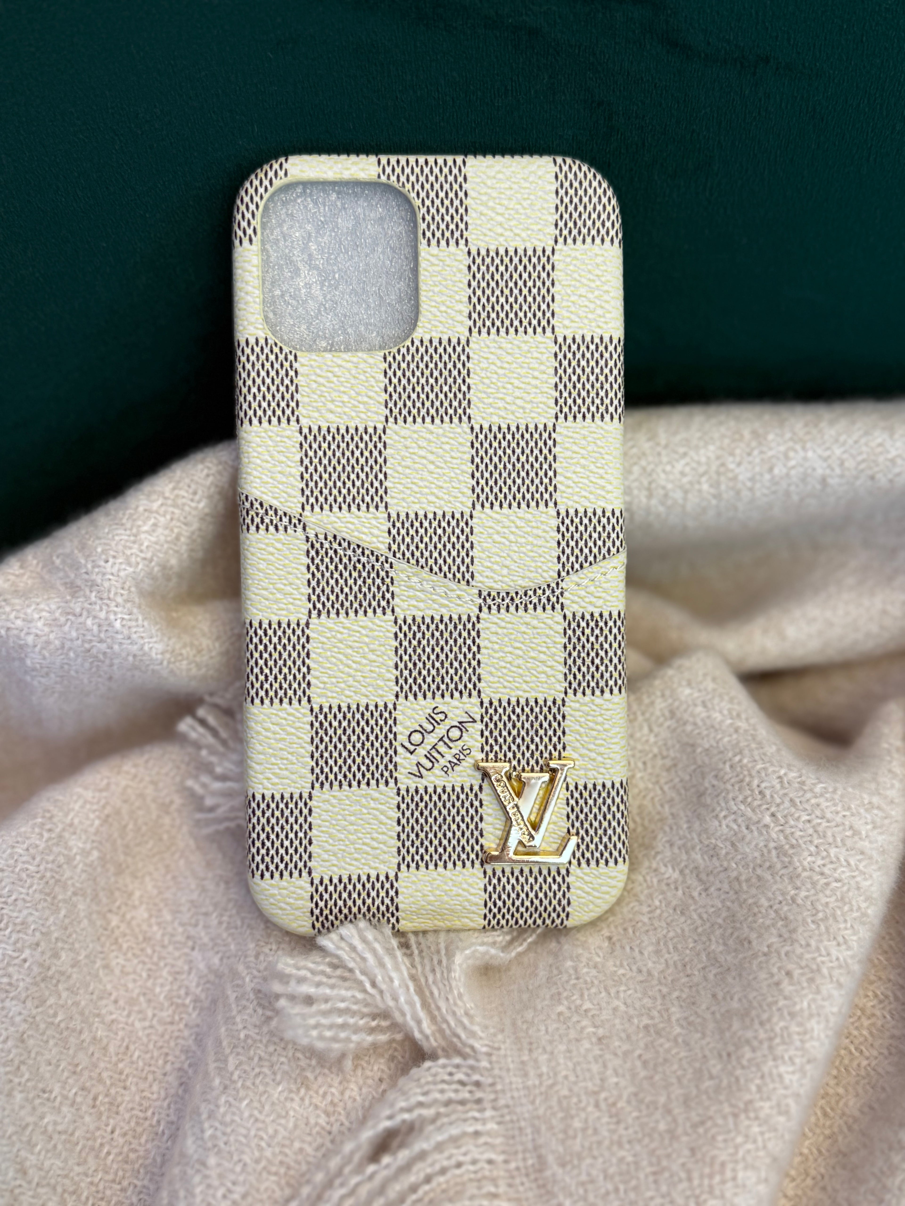 Lv Premium Monogram Leather Phone Case with Gold Emblem | Slim Fit Designer-Inspired Cover