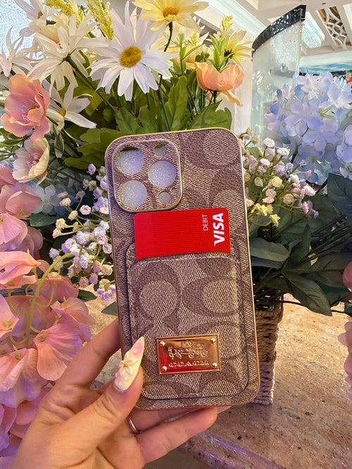 Coach Tan Monogram Wallet Phone Case with Gold Logo Plaque | Signature Card Holder Cover
