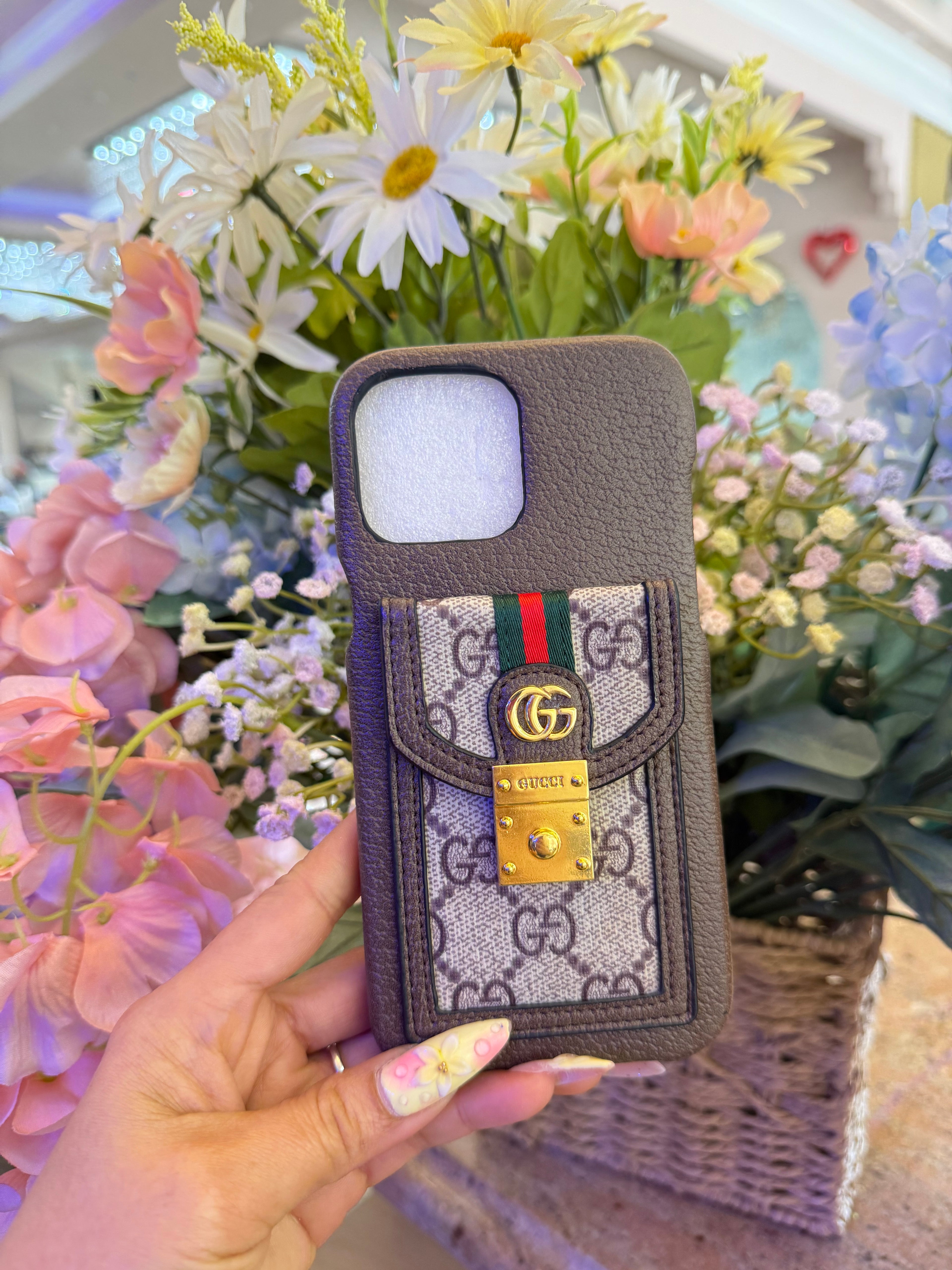 Gg Luxury Monogram Wallet Phone Case with Gold Hardware & Signature Webbing for iPhone 13 Pro Max