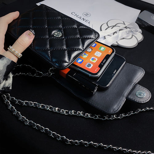 Cc Quilted Lambskin & Caviar Phone Holder with Chain