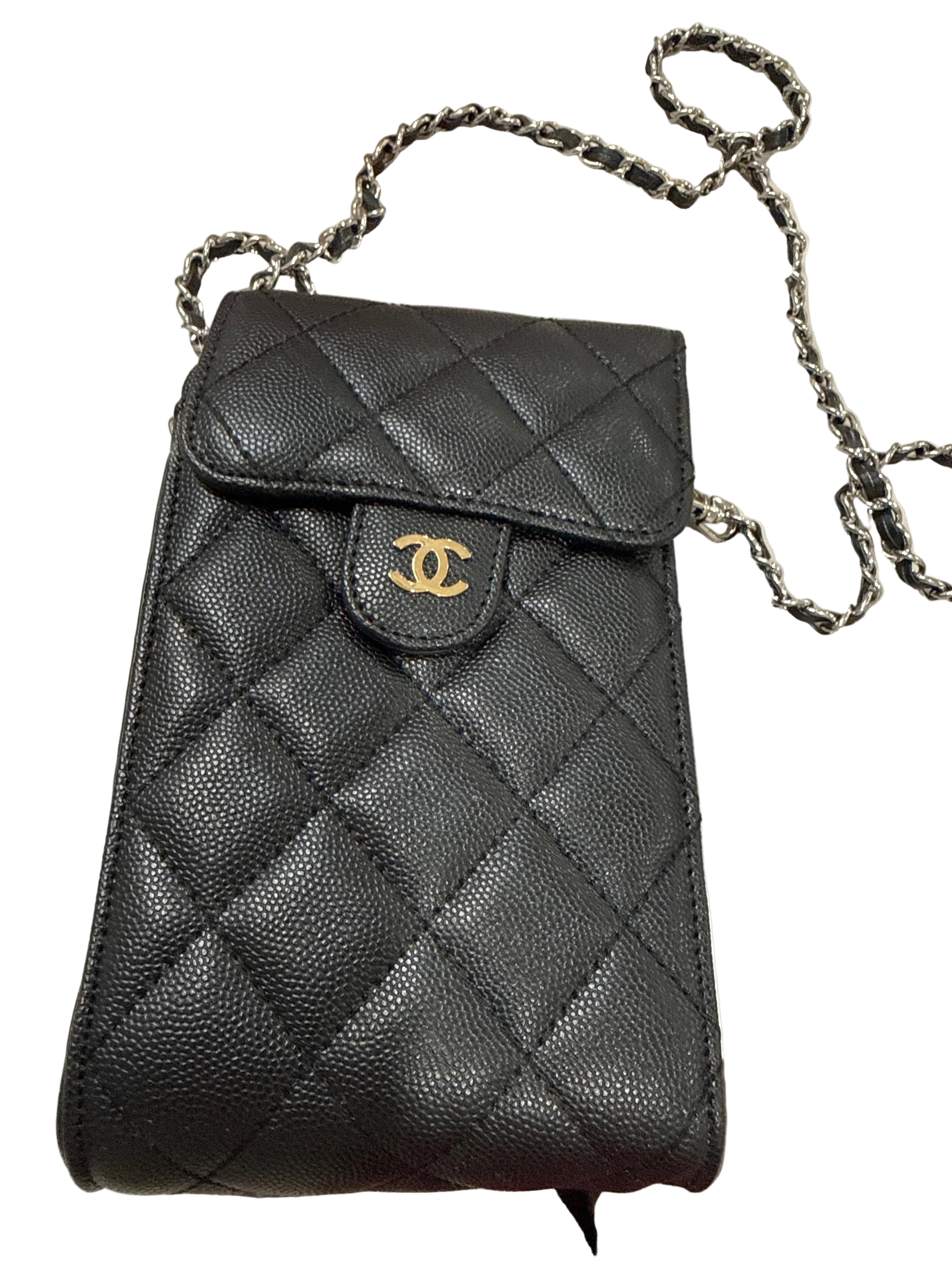 Cc Quilted Lambskin & Caviar Phone Holder with Chain