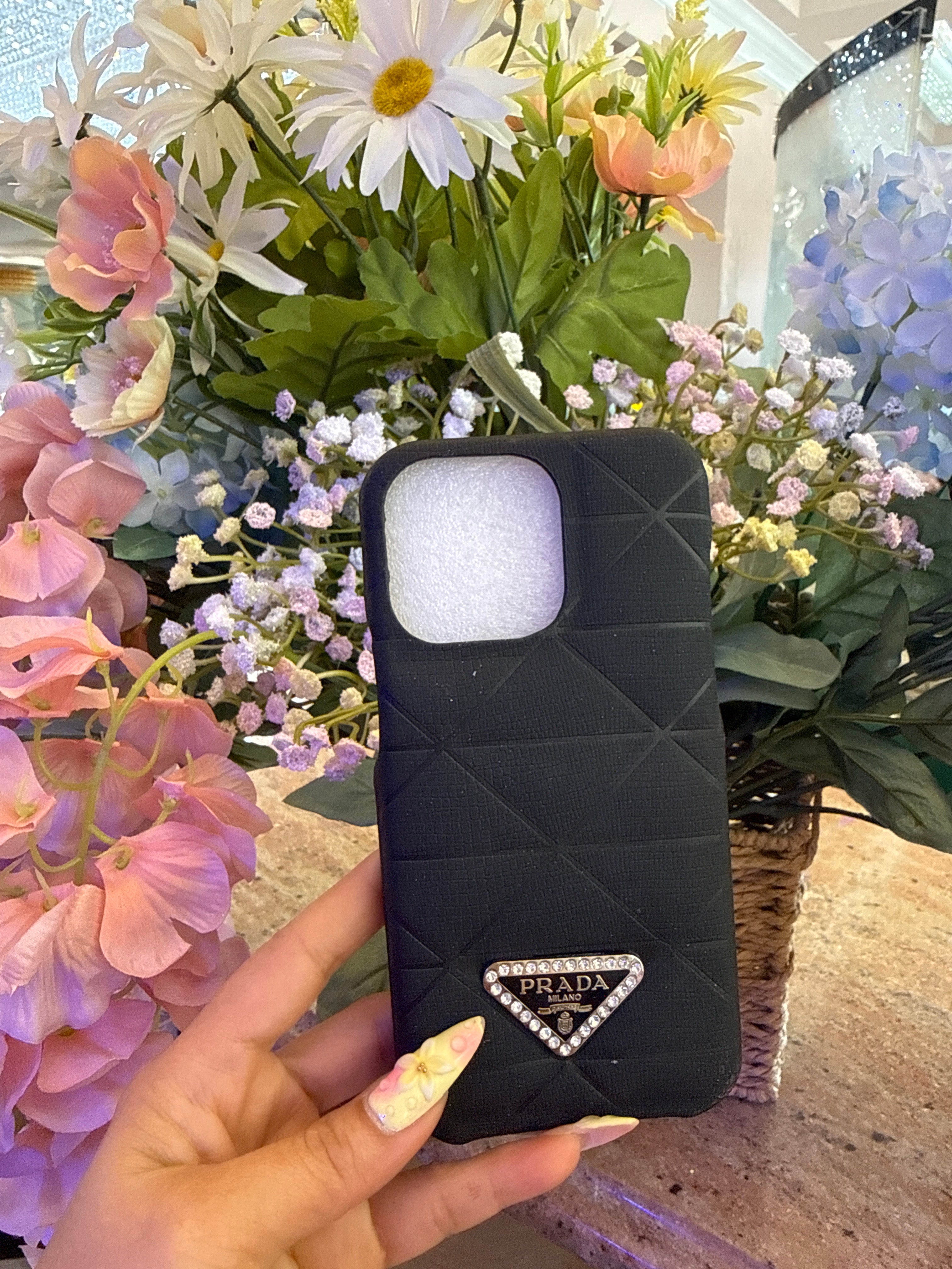 Quilted Black Luxury Phone Case | Crystal Rhinestone Triangle Emblem | Elegant Protective Cover