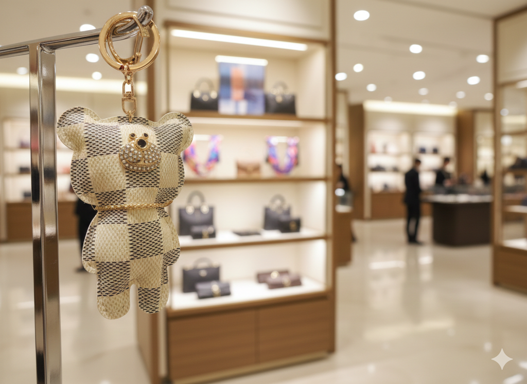 Lv teddy bear keychain Elevate Your Essentials: Designer-Inspired Checkered Bear Keychain