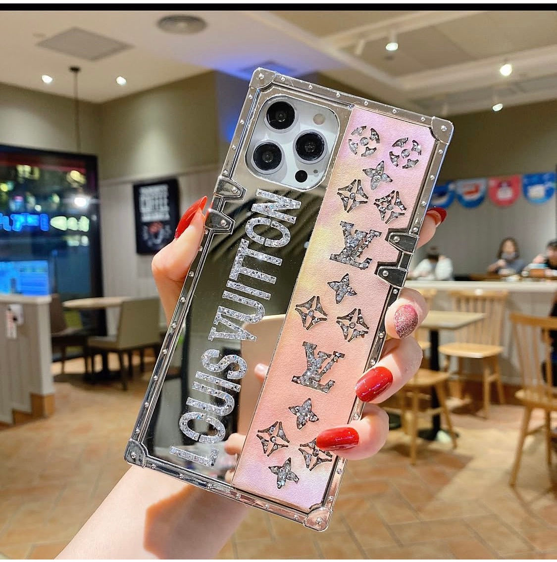 Lv Luxury Rhinestone Mirror & Pink Monogram Trunk Case for IPhone 13 pro max