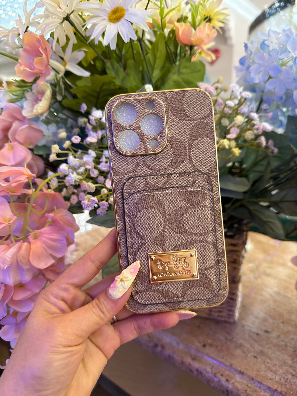 Coach Tan Monogram Wallet Phone Case with Gold Logo Plaque | Signature Card Holder Cover