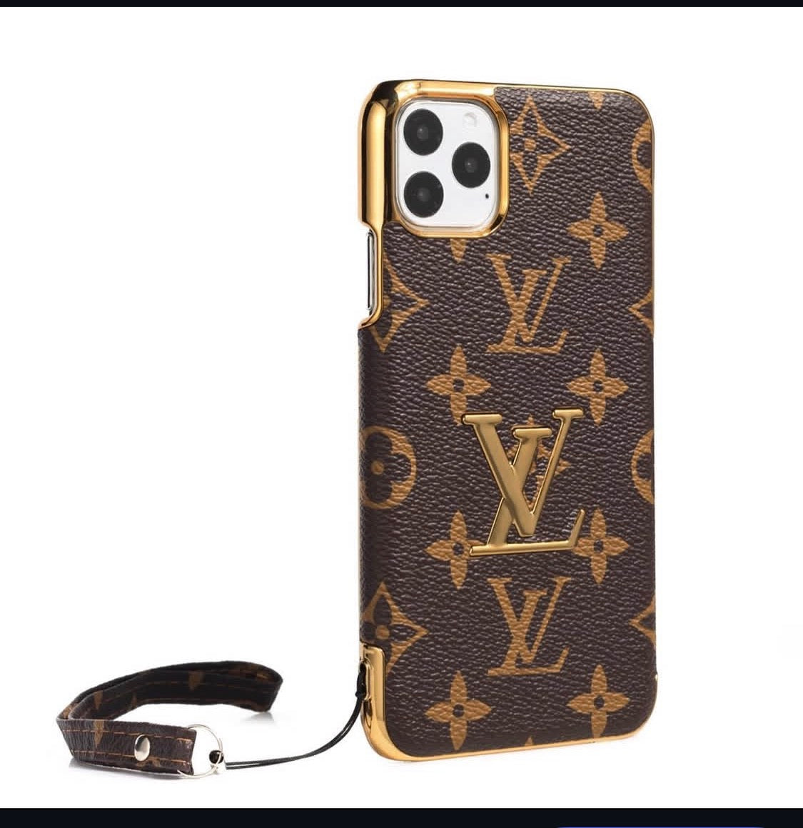 Lv Luxury Monogram Canvas Case – Classic Brown with Gold Metallic Trim & Wristlet for iPhone 13 cases