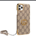 Gg Luxury Monogram Canvas Case with Gold Metallic Trim & Wristlet Strap for iPhone 13