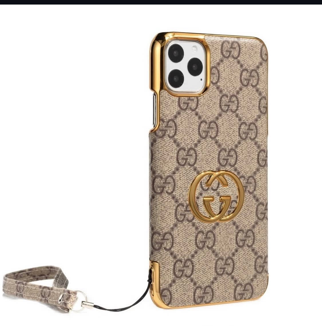 Gg Luxury Monogram Canvas Case with Gold Metallic Trim & Wristlet Strap for iPhone 13