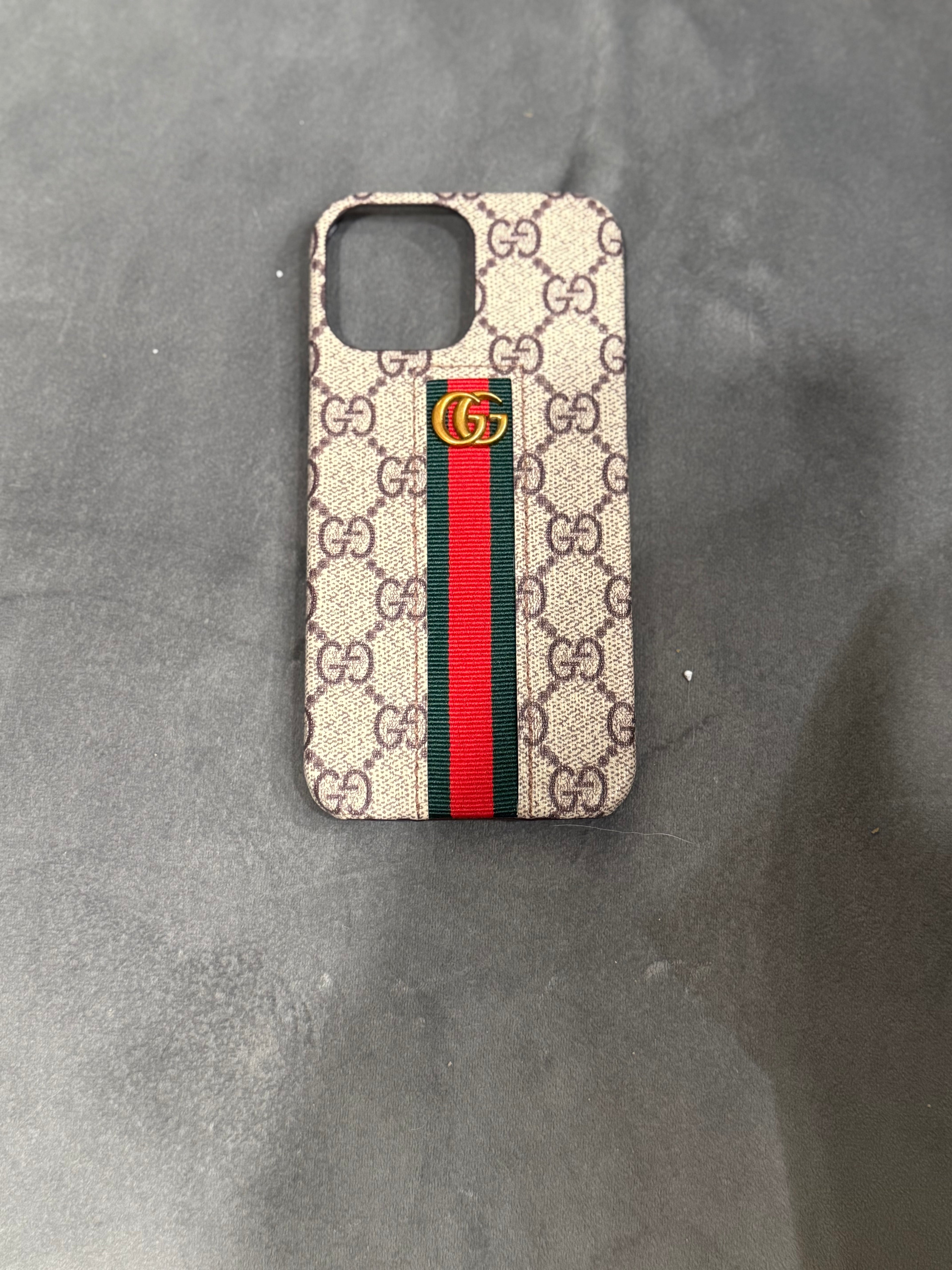 Gg Signature Monogram Canvas Case with Web Stripe & Gold Hardware for iPhone 13 cases