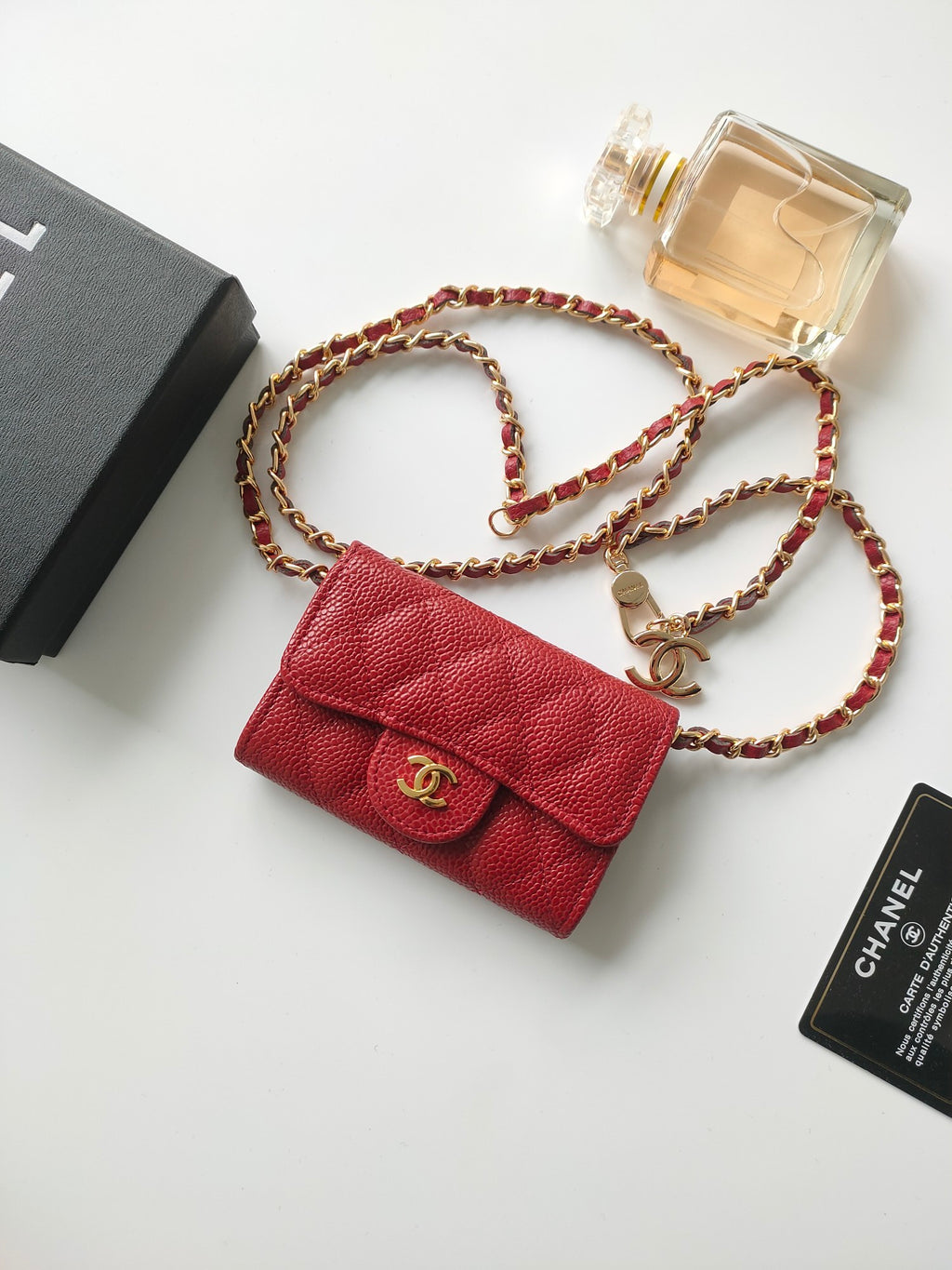 Quilted Leather Card Wallet on Chain | Red & Gold Crossbody Accessory