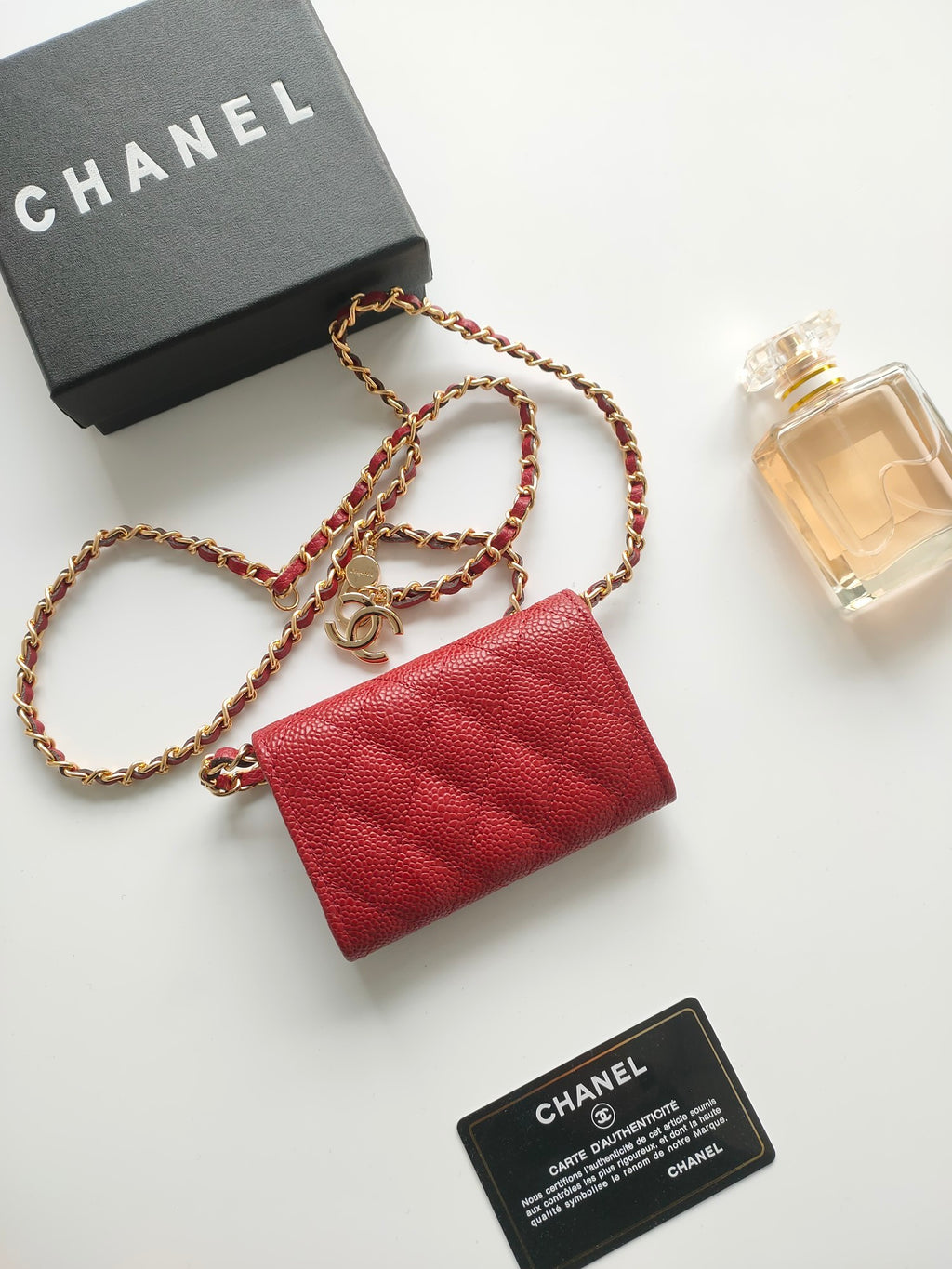 Quilted Leather Card Wallet on Chain | Red & Gold Crossbody Accessory