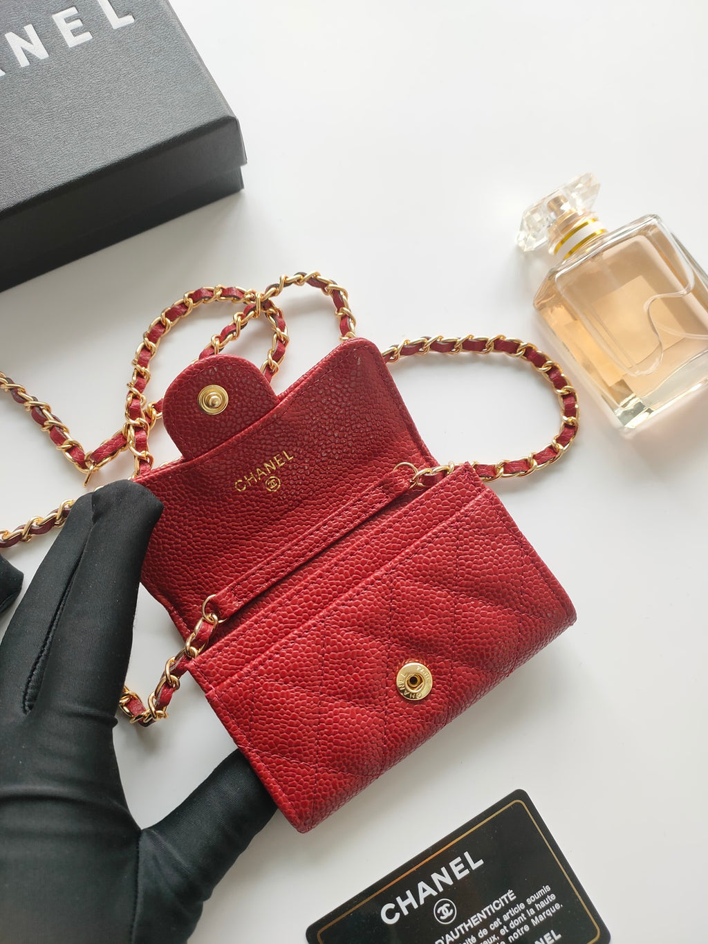 Quilted Leather Card Wallet on Chain | Red & Gold Crossbody Accessory