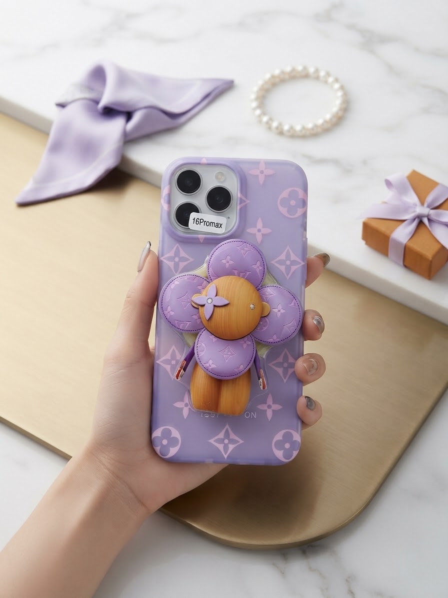 Chic Lavender Monogram Phone Case with 3D Bear Pop-Socket for iPhone 16,17 pro max cases