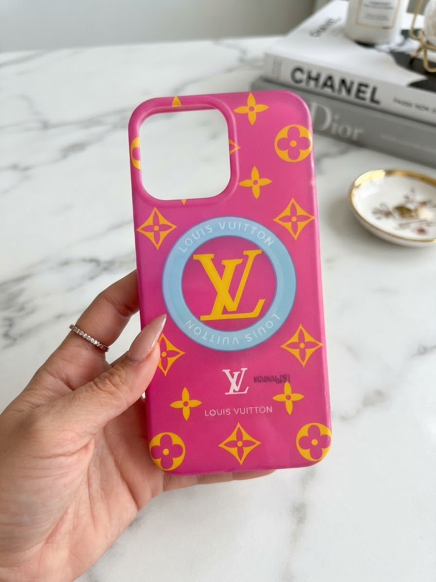 Lv Vibrant Hot Pink Designer Monogram iPhone Case with 3D Bear Pop-Socket for iPhone 16 ,17 pro max