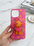 Lv Vibrant Hot Pink Designer Monogram iPhone Case with 3D Bear Pop-Socket for iPhone 16 ,17 pro max