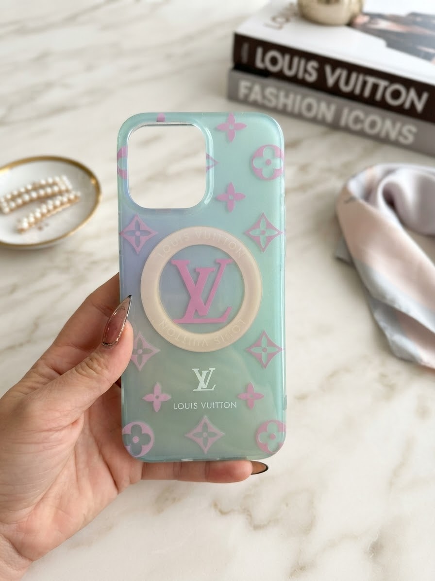 Luxury Mint & Pink Monogram iPhone Case with 3D Wooden Bear Grip for 16,17 pro max
