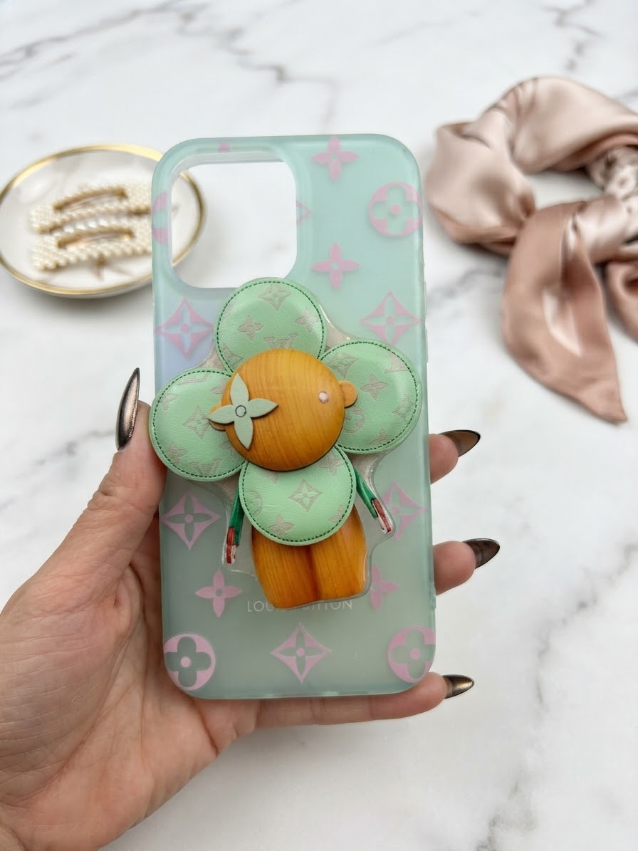 Luxury Mint & Pink Monogram iPhone Case with 3D Wooden Bear Grip for 16,17 pro max
