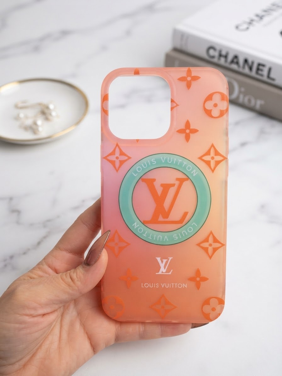 Luxury Orange Monogram iPhone Case with 3D Flower Bear Grip & Stand for 16,17 pro max