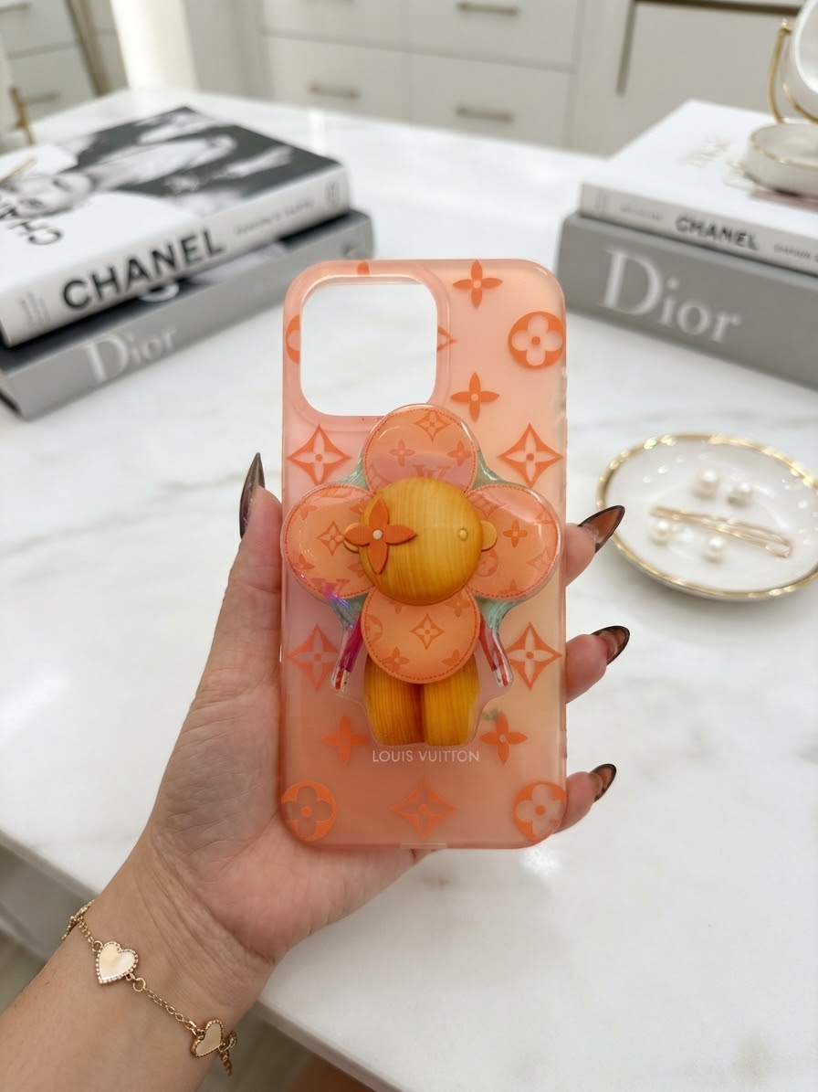 Luxury Orange Monogram iPhone Case with 3D Flower Bear Grip & Stand for 16,17 pro max