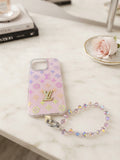 Bling Monogram Pink iPhone Case with Crystal Camera Trim & Beaded Wrist Strap for iPhone 16 pro max