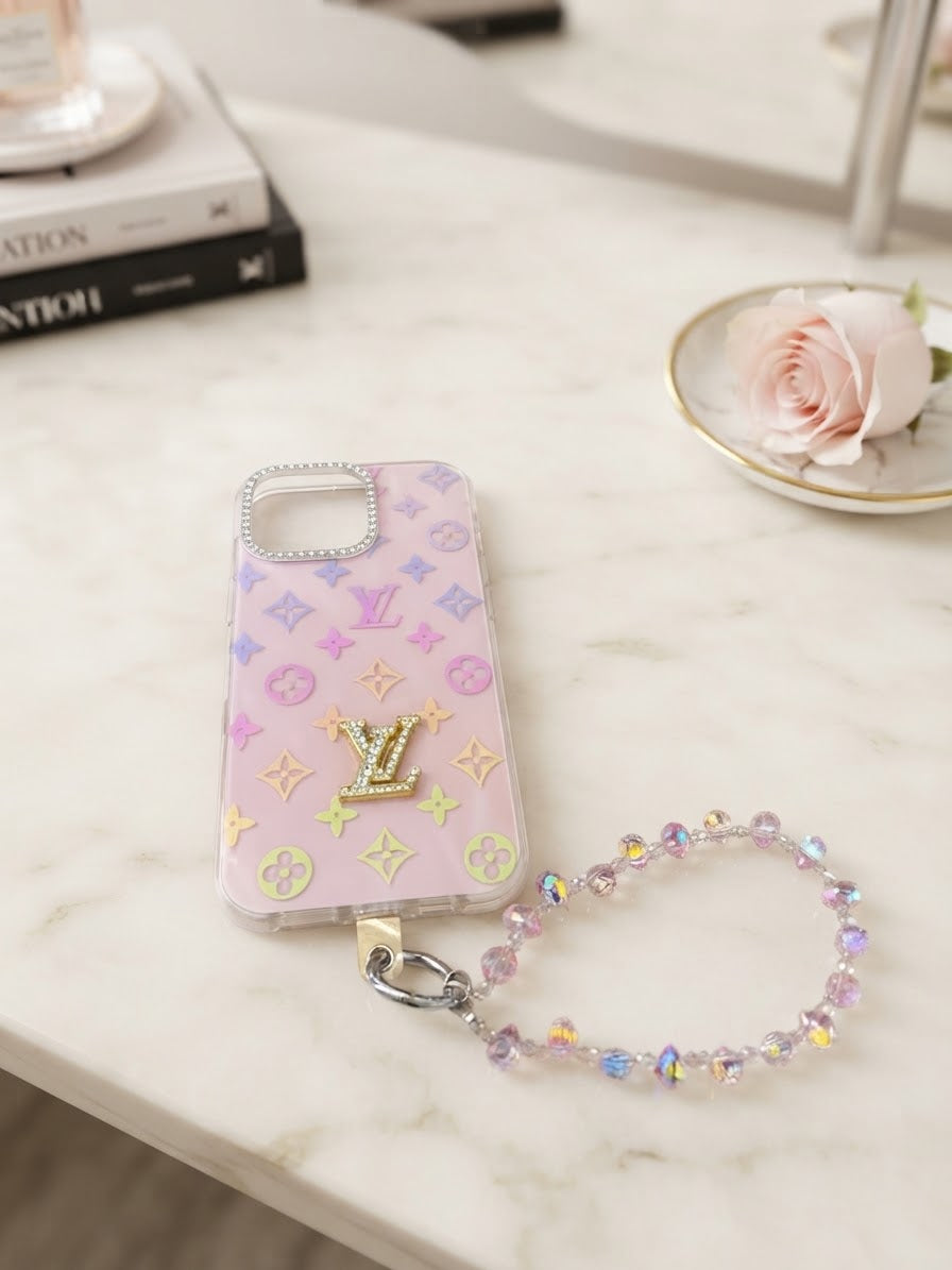 Bling Monogram Pink iPhone Case with Crystal Camera Trim & Beaded Wrist Strap for iPhone 16 pro max
