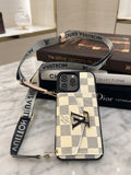 Luxury Damier Azur Checkerboard Crossbody iPhone Case with Detachable Strap & Card Pocket for iPhone 16 ,17 pro max