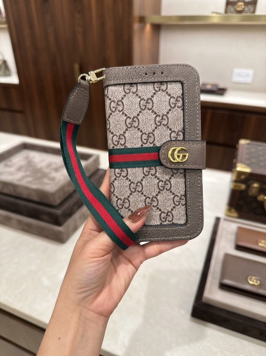 Luxury Monogram Designer-Inspired Flip Wallet iPhone Case with Wrist Strap for 17 pro max