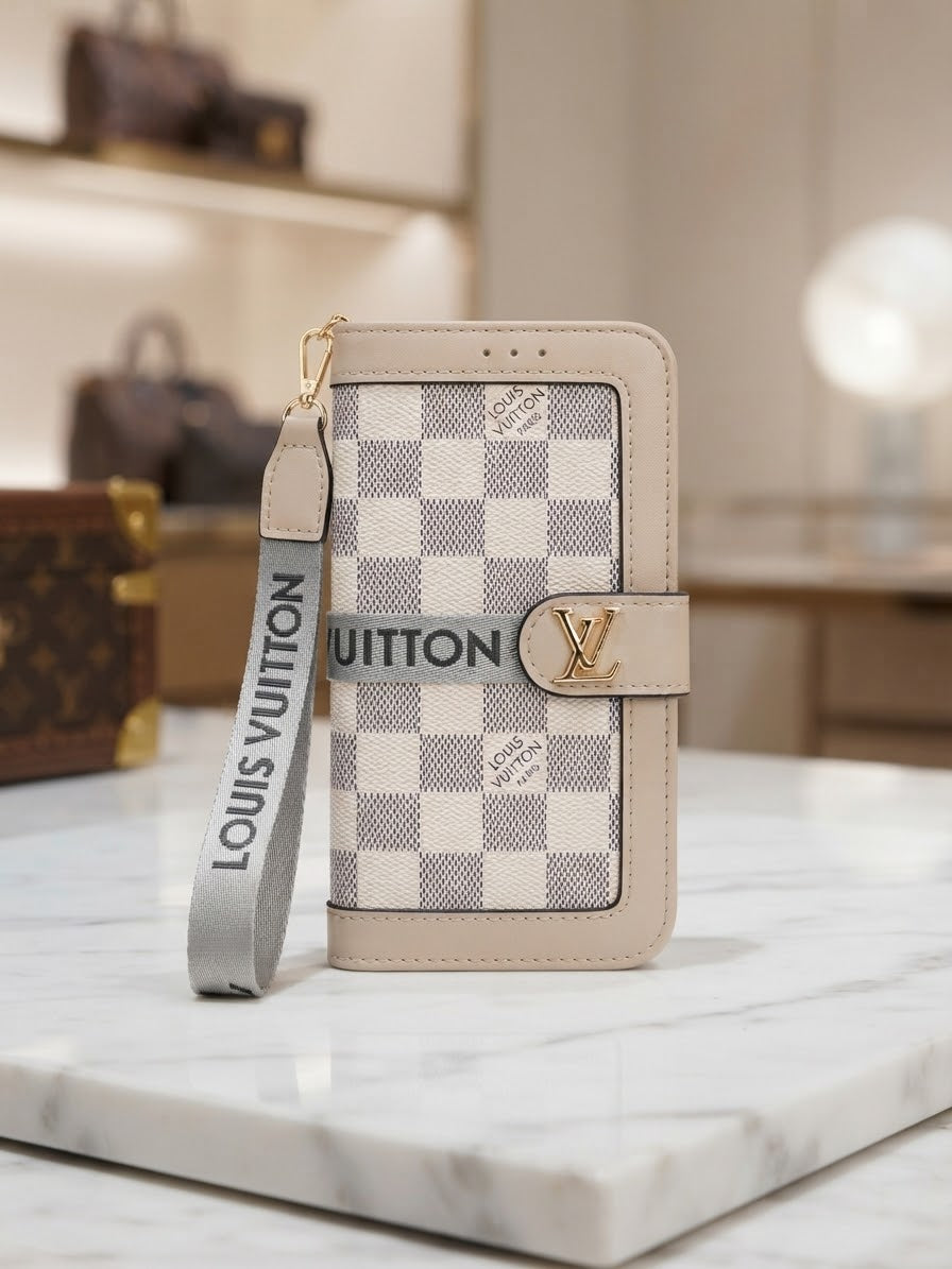 Luxury Inspired Damier Azur Wallet Phone Case with Wristlet for iPhone 16,17 15 ,12 cases