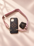 Luxury-Inspired Crossbody Phone Case with Adjustable Pink Strap & Matching Accessory Holder for iPhone 12 Pro Max
