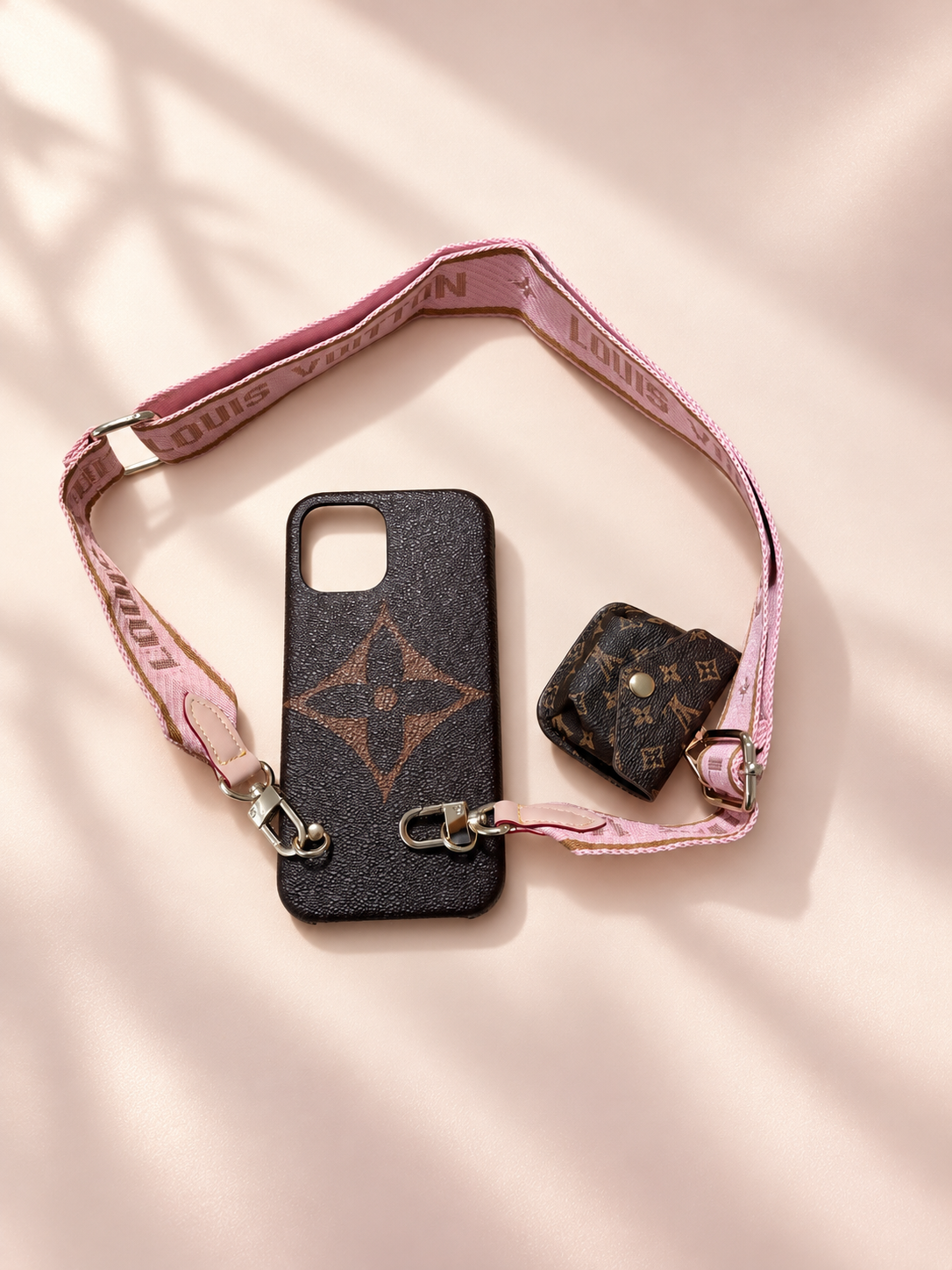 Luxury-Inspired Crossbody Phone Case with Adjustable Pink Strap & Matching Accessory Holder for iPhone 12 Pro Max