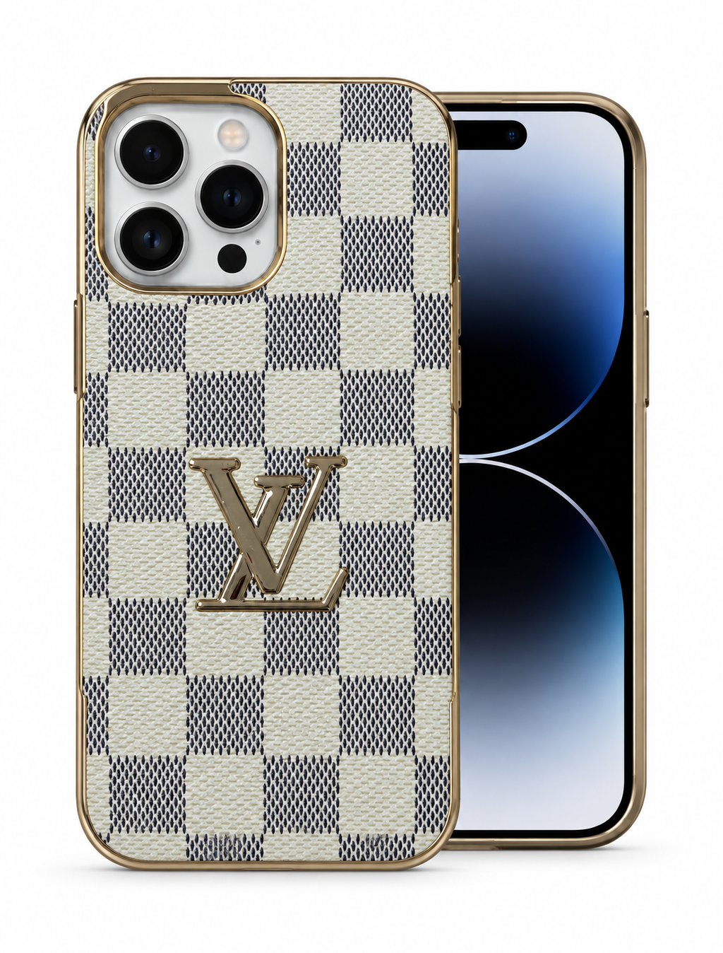 Lv Monogram Luxury-Inspired Phone Case with Gold Trim and Metallic Emblem for iPhone 12 Pro Max