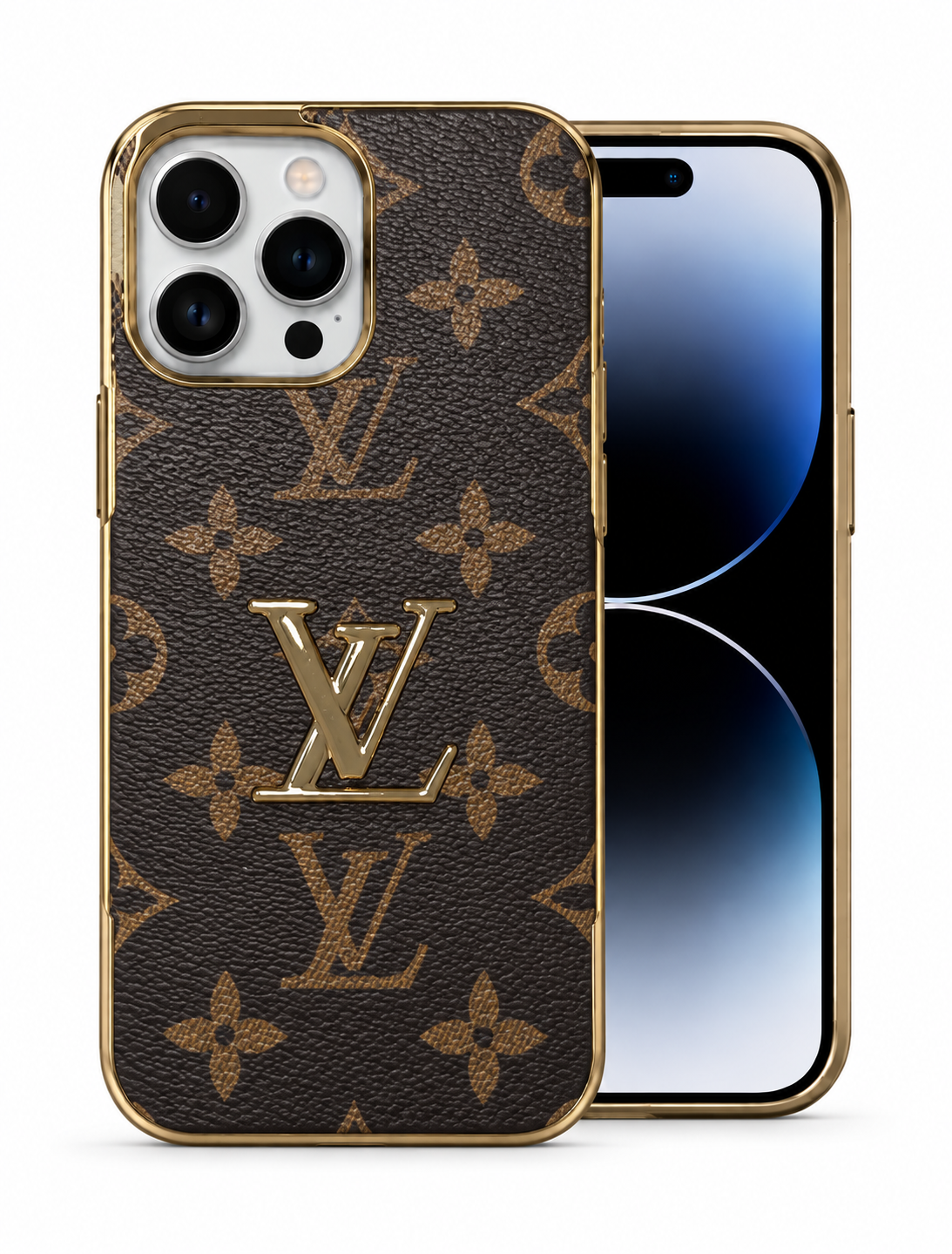 Lv Monogram Luxury-Inspired Phone Case with Gold Trim and Metallic Emblem for iPhone 12 Pro Max