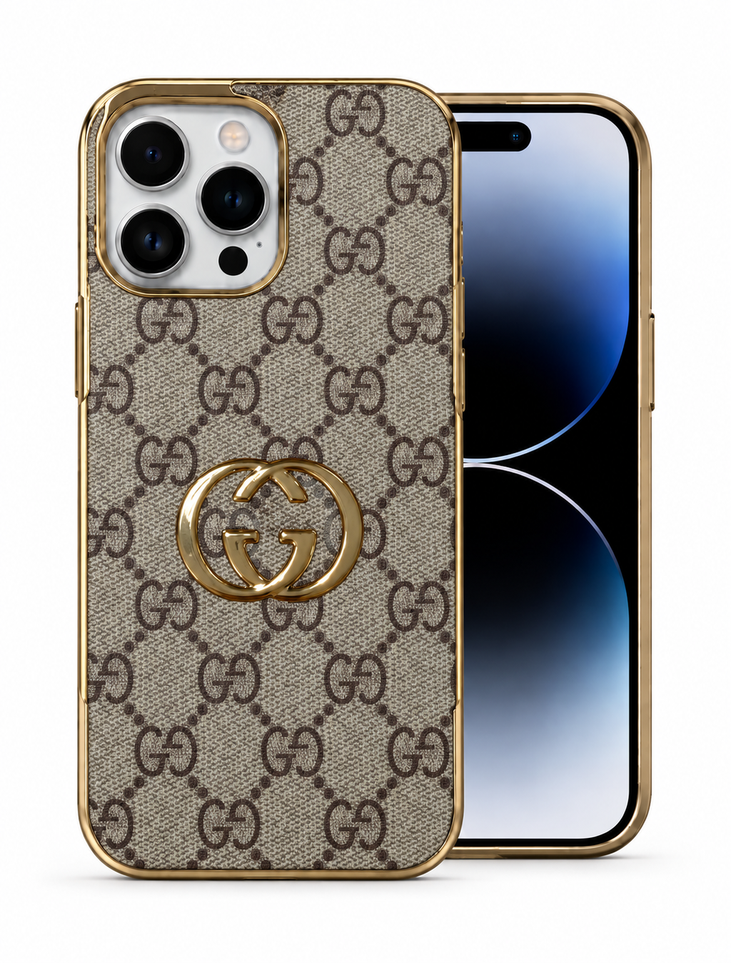 Lv Monogram Luxury-Inspired Phone Case with Gold Trim and Metallic Emblem for iPhone 12 Pro Max