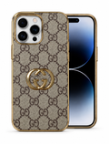 Lv Monogram Luxury-Inspired Phone Case with Gold Trim and Metallic Emblem for iPhone 12 Pro Max