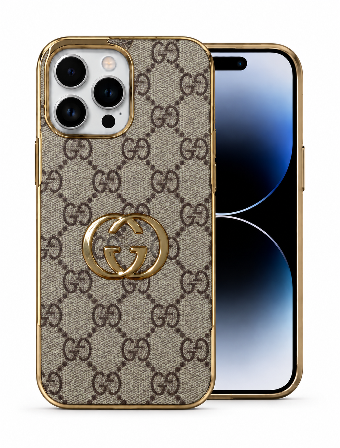 Lv Monogram Luxury-Inspired Phone Case with Gold Trim and Metallic Emblem for iPhone 12 Pro Max