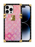 Pink Holographic Trunk-Style Phone Case with Gold Hardware and Studded Frame for iPhone 12 cases