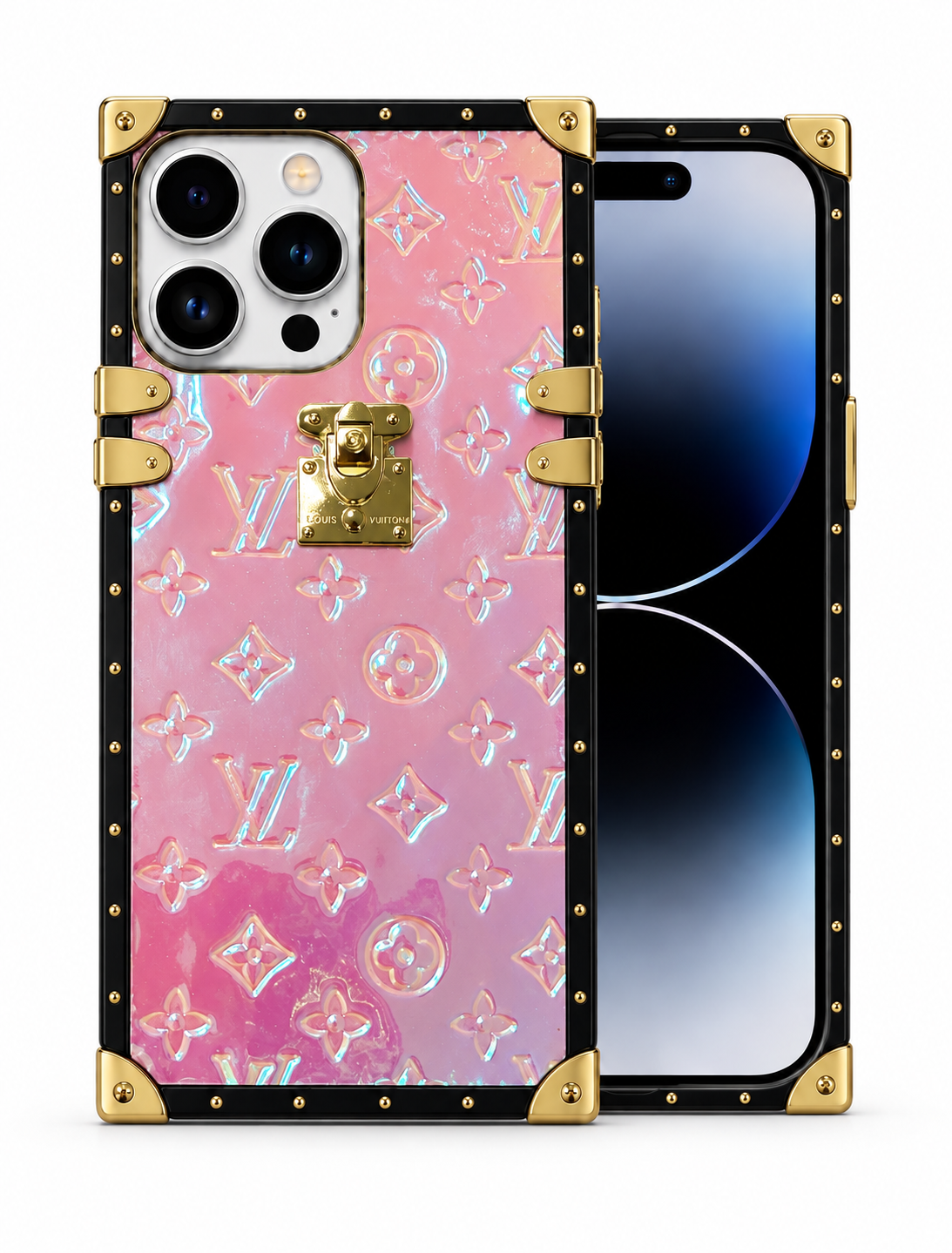 Pink Holographic Trunk-Style Phone Case with Gold Hardware and Studded Frame for iPhone 12 cases