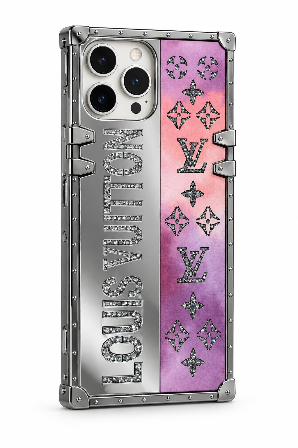 Luxury Trunk-Style Phone Case – Silver & Pink for iPhone 12 cases