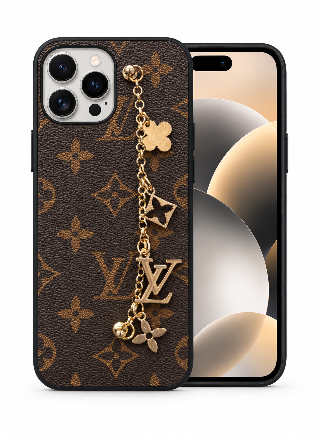 Brown Monogram Phone Case with Gold Charm Chain for iPhone 12 cases