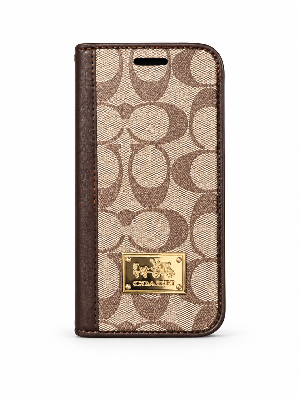 Coach Beige & Brown Monogram Folio Wallet Phone Case with Gold-Tone Plaque for iPhone 13,12 cases