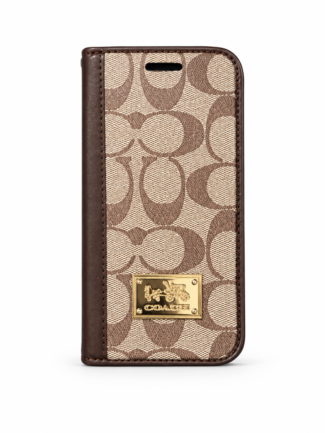 Coach Beige & Brown Monogram Folio Wallet Phone Case with Gold-Tone Plaque for iPhone 13,12 cases