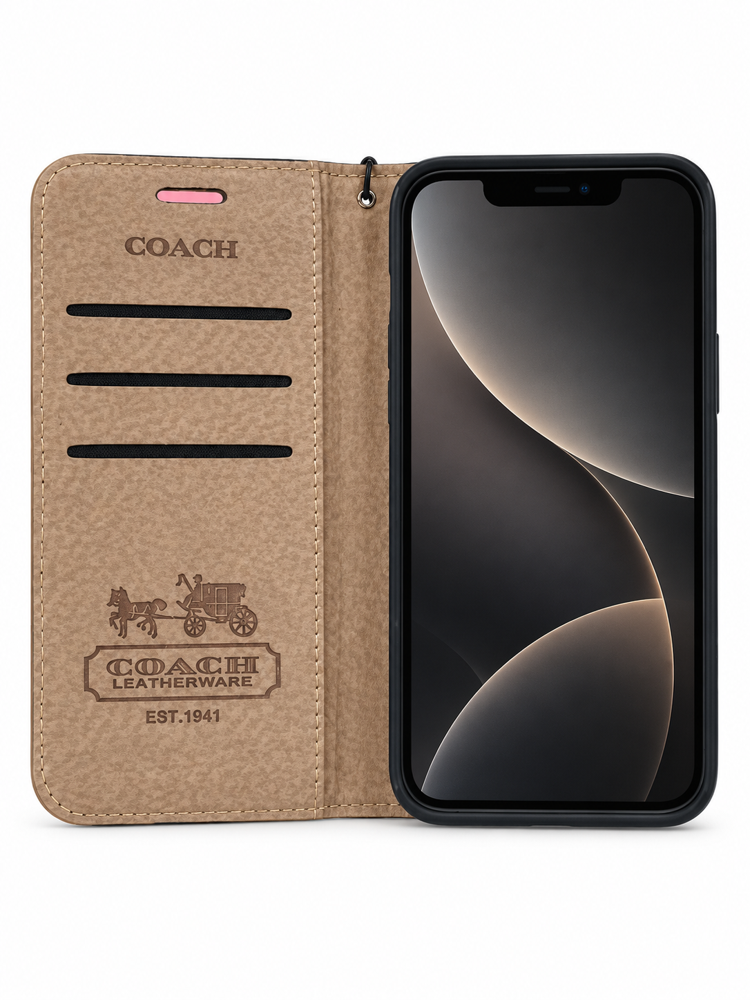 Coach Beige & Brown Monogram Folio Wallet Phone Case with Gold-Tone Plaque for iPhone 13,12 cases