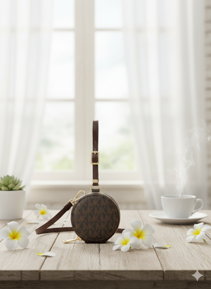 Michael Kors Inspired Signature Monogram Round Pouch – Dark Mocha