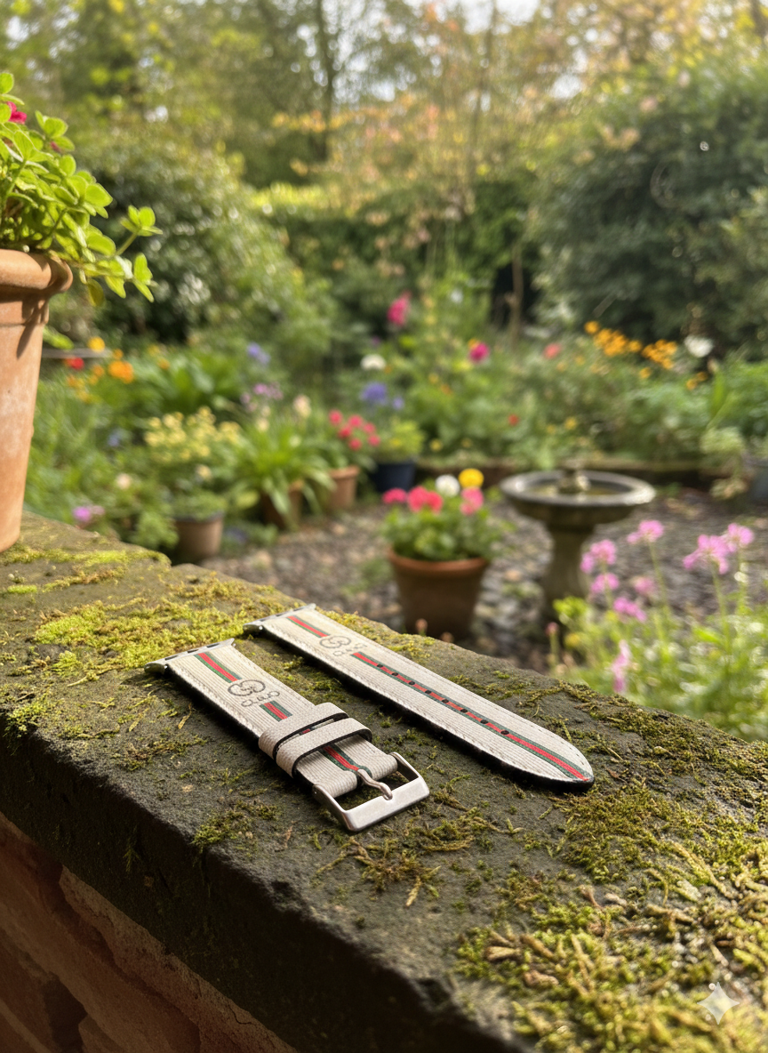 GG Luxury Designer Style Canvas Watch Band – Green & Red Stripe for Apple Watch