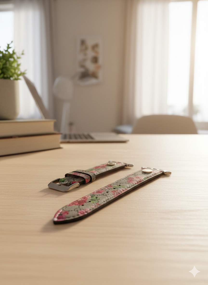 GG Luxury Floral Monogram Apple Watch Band – Pink Rose & Canvas Designer Strap