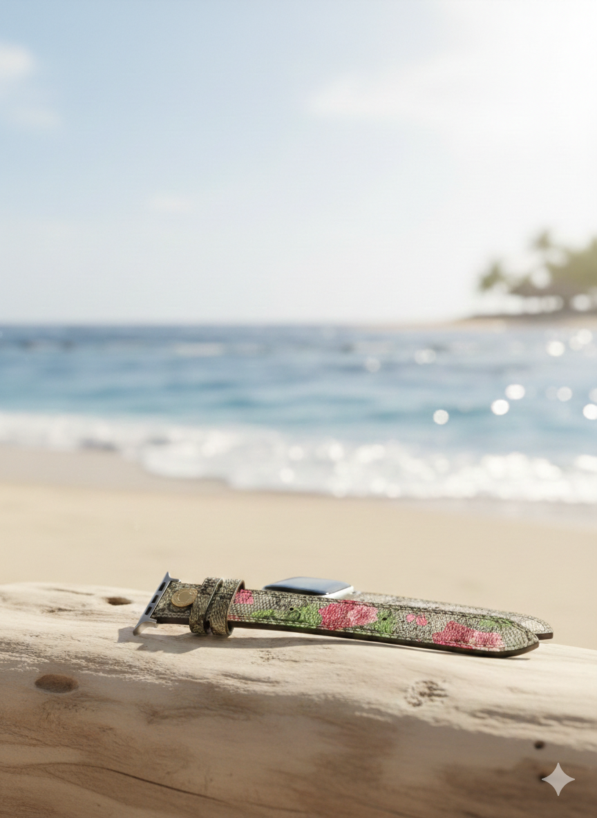 GG Luxury Floral Monogram Apple Watch Band – Pink Rose & Canvas Designer Strap