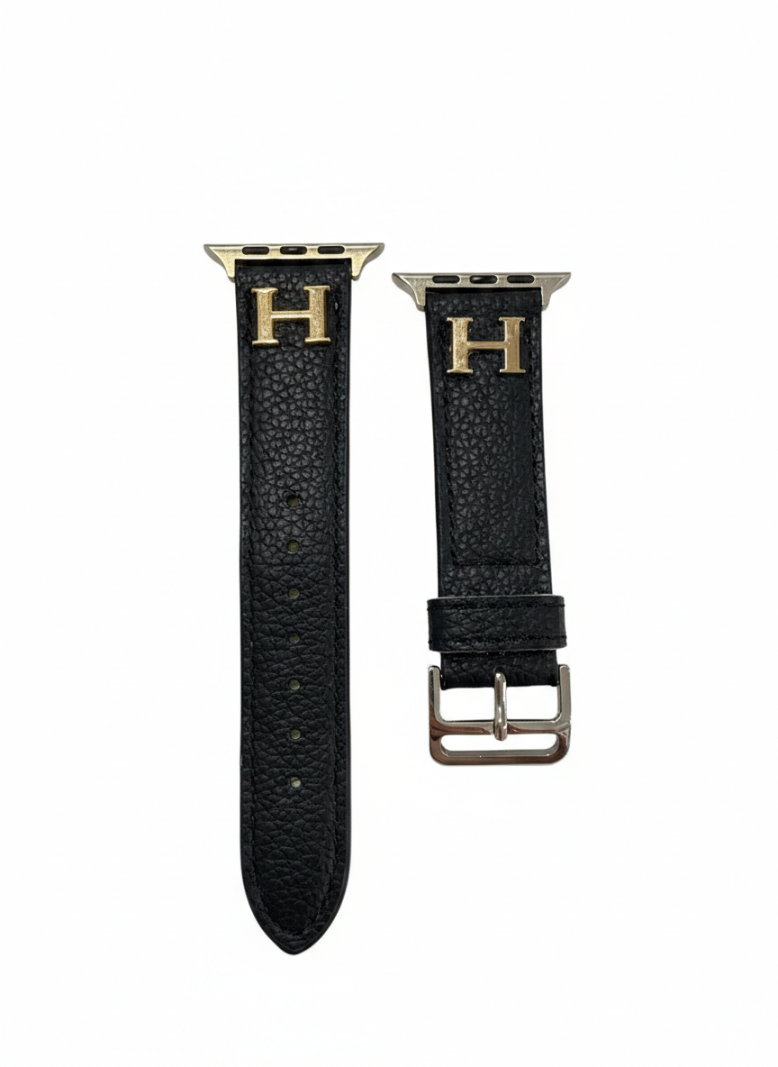 Premium Pebbled Leather Watch Band – Gold "H" Emblem Designer Strap